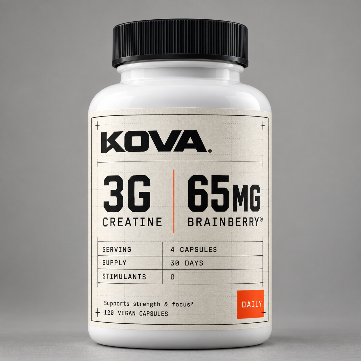 Kova Daily technical label: 3g creatine, 65mg Brainberry®, 4 capsules per serving, 30-day supply, 0 stimulants